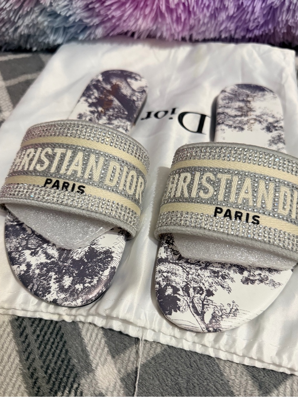 Embellished Slide Sandals - Cream & Silver